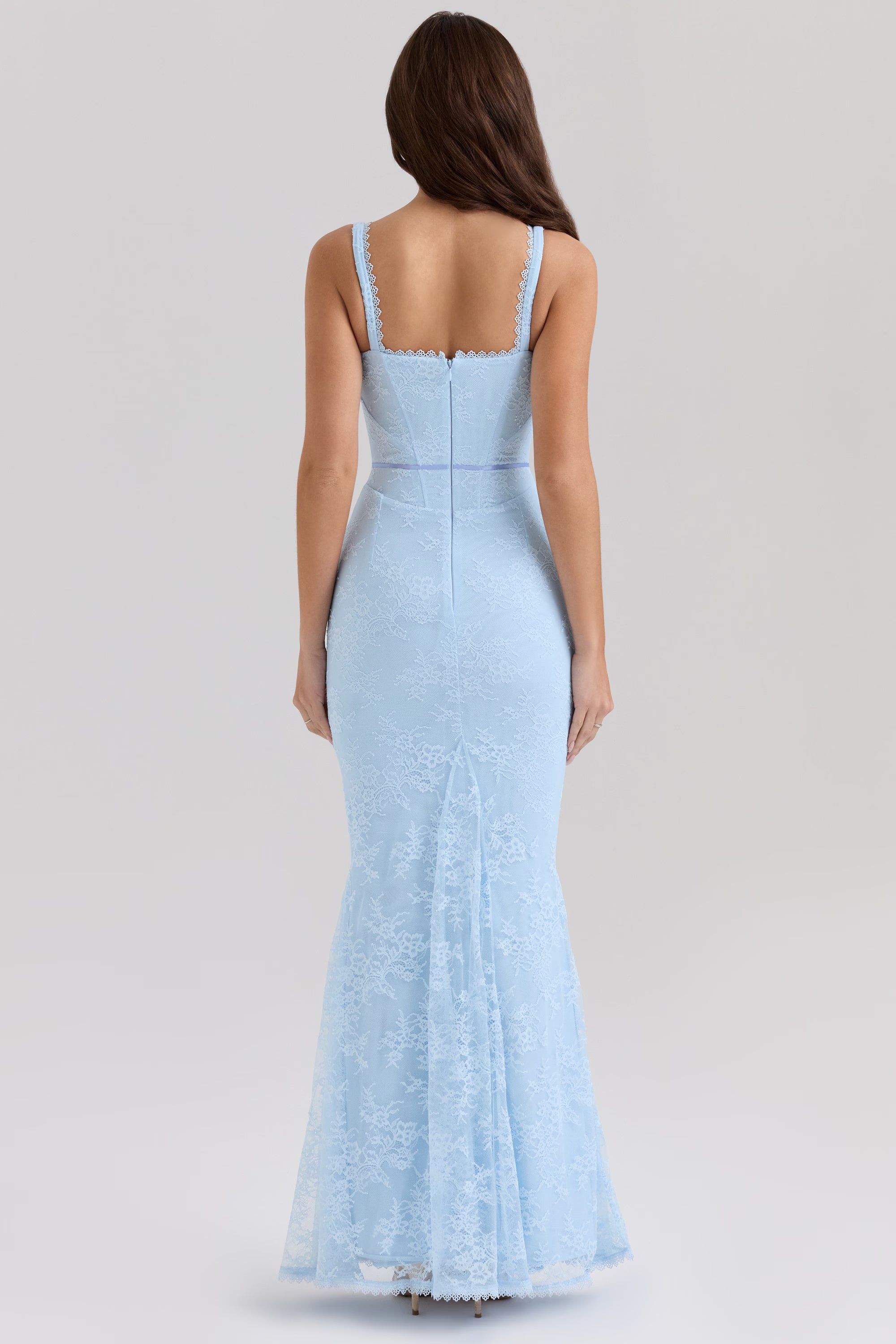 blue lace godet maxi dress