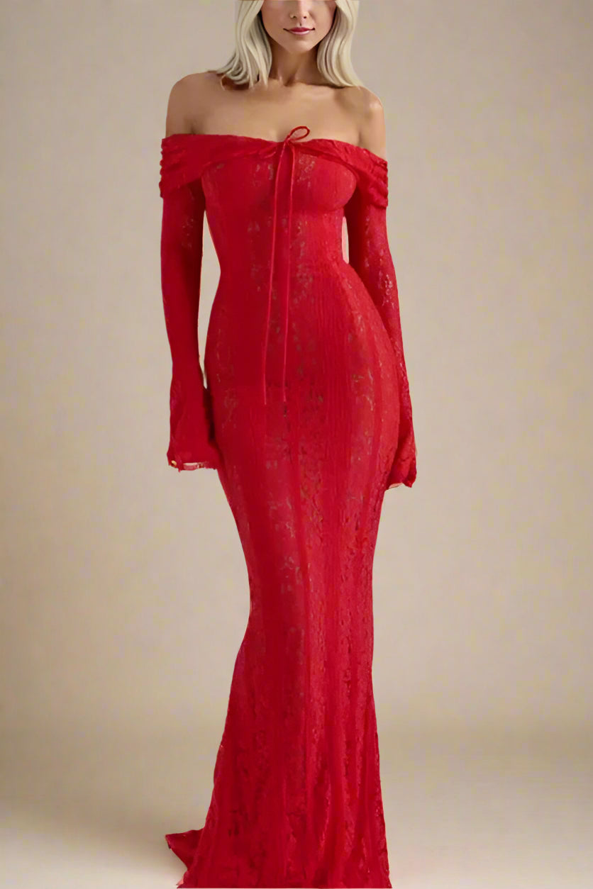 Rose Long Sleeve Bodycon Maxi Dress - Lipstick Red