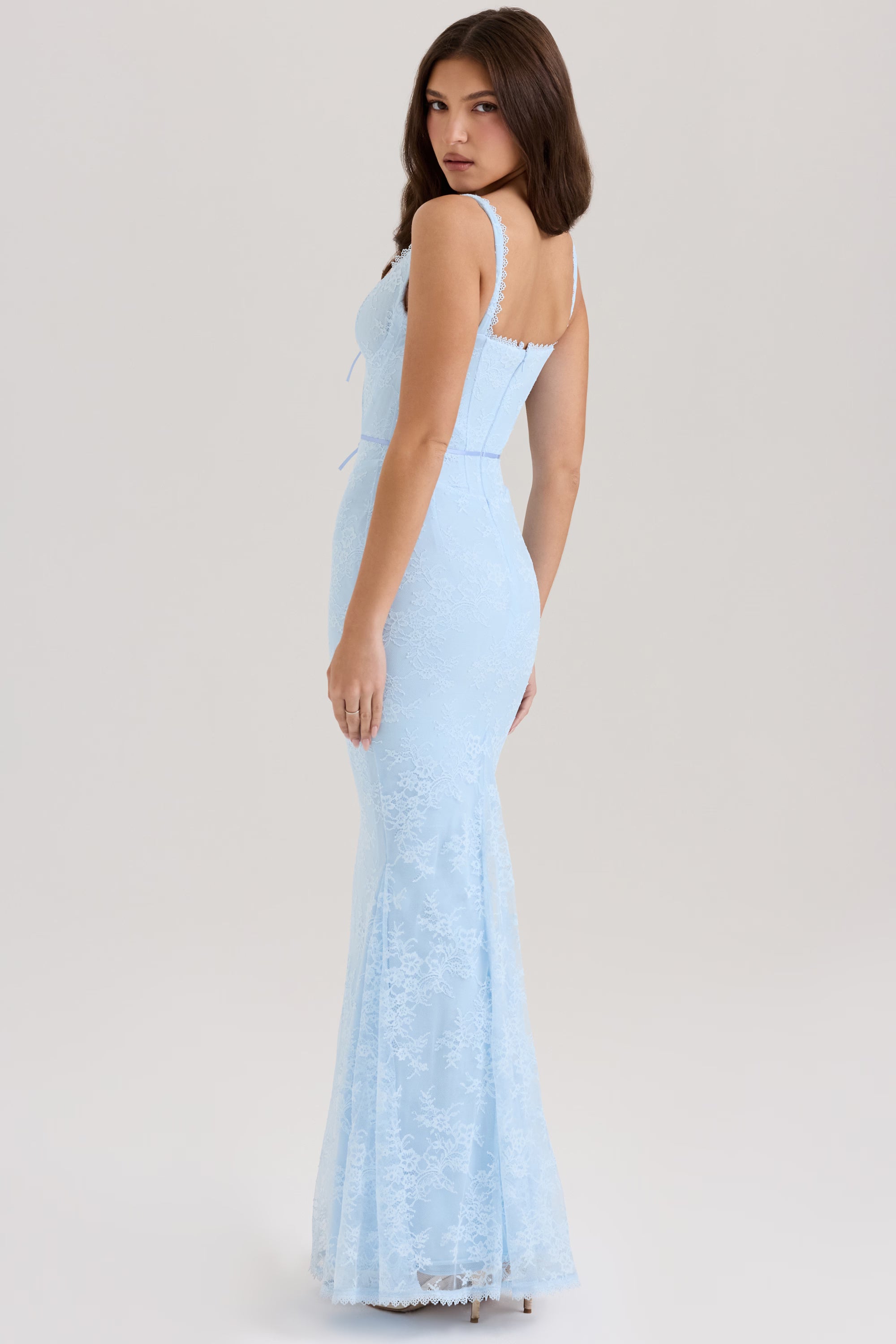 blue lace godet maxi dress